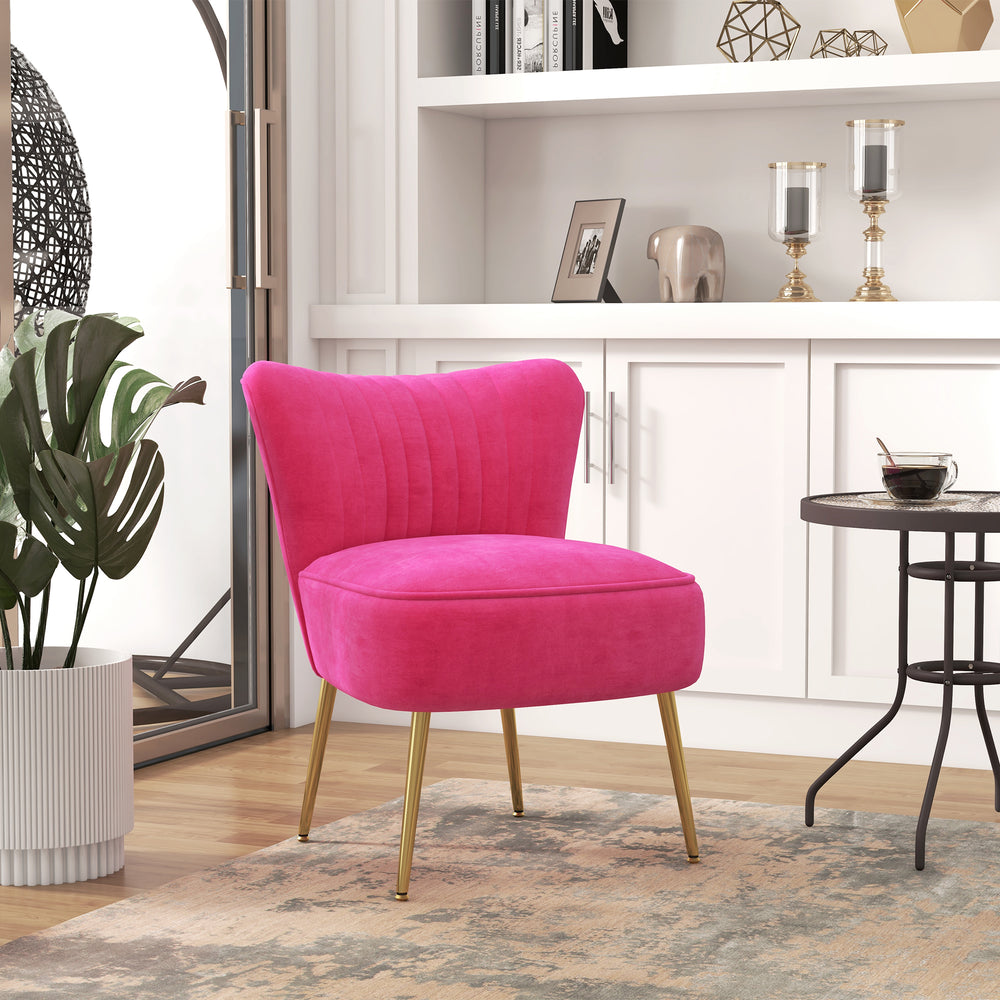 Fauteuil de salon en velours avec pieds en acier doré et dossier capitonné, rose