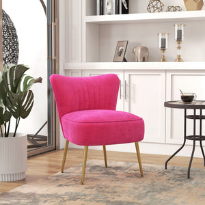 Fauteuil de salon en velours avec pieds en acier doré et dossier capitonné, rose
