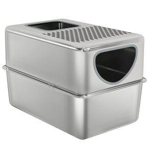 Stainless Steel Cat Litter Box with Lid, Extra Large Enclosed Litter Box with Top Litter-Catching Holes, Scoop, Silver