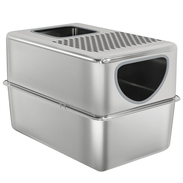 Stainless Steel Cat Litter Box with Lid, Extra Large Enclosed Litter Box with Top Litter-Catching Holes, Scoop, Silver