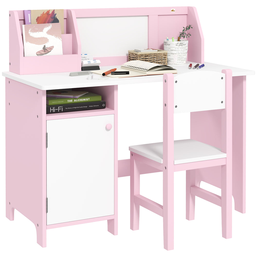 Ensemble bureau et chaises pour enfants avec tableau blanc, rangement et étagères, rose