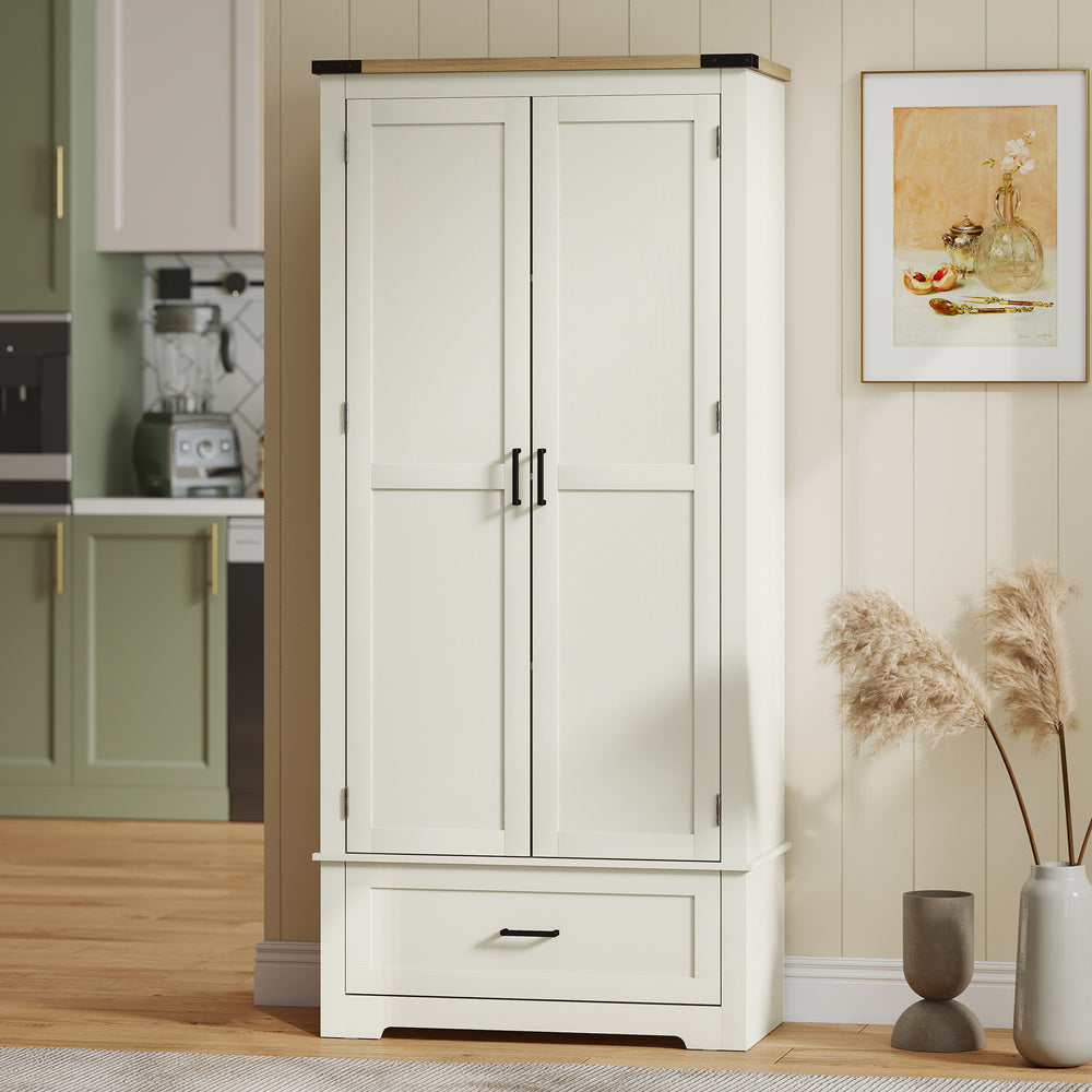 Armoire de cuisine de style ferme avec 2 portes, un tiroir et des étagères réglables, blanc crème
