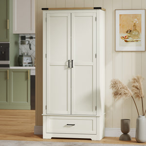 Armoire de cuisine de style ferme avec 2 portes, un tiroir et des étagères réglables, blanc crème
