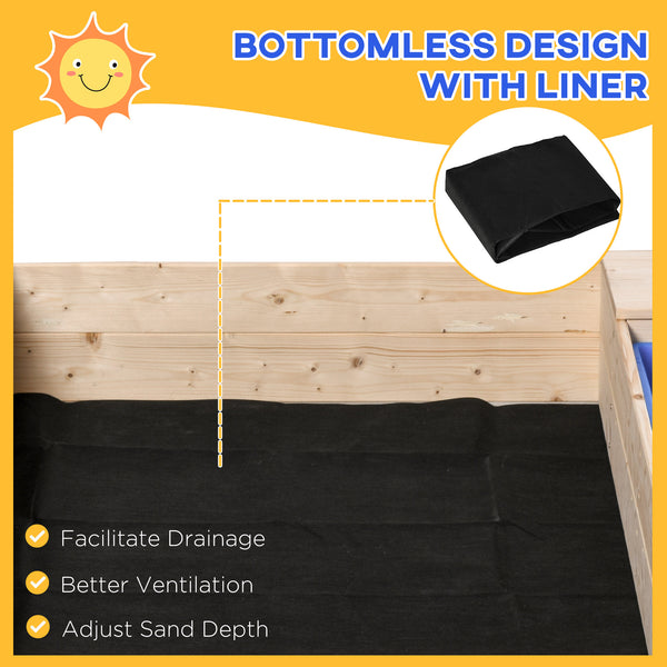 Bac à sable en bois pour enfants avec banquette pliable, 2 bacs en plastique et revêtement de fond.