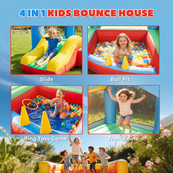Château gonflable pour enfants, structure gonflable avec toboggan, piscine à balles, jeu de lancer d'anneaux, parasol et souffleur