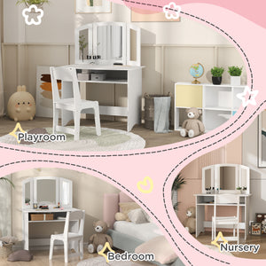 Coiffeuse 2 en 1 avec miroir pliable en trois parties, tabouret et étagère de rangement, blanche