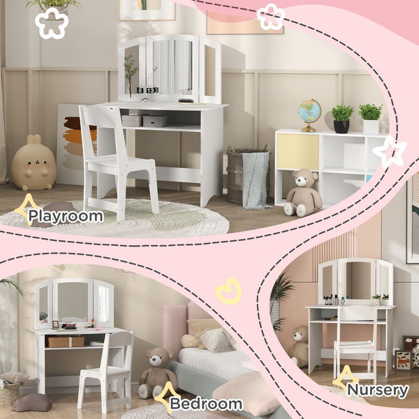 Coiffeuse 2 en 1 avec miroir pliable en trois parties, tabouret et étagère de rangement, blanche