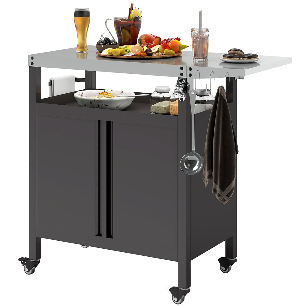 Outdoor Grill Cart Table with Foldable Side Table, BBQ Grill Stand with Stainless Steel Top & Hooks, 45.7"x19.7", Black