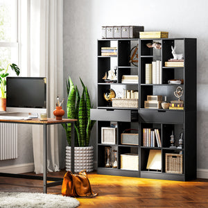 Bibliothèque haute avec tiroir, autoportante pour chambre, salon, bureau, noir