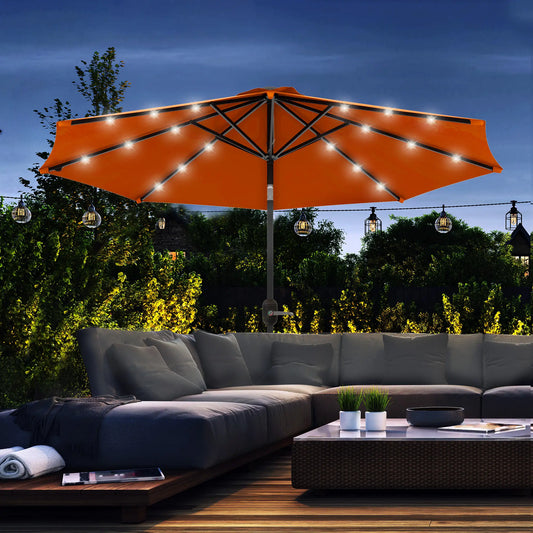 Parasol solaire d'extérieur de 2,7 m avec 24 LED et auvent inclinable, orange