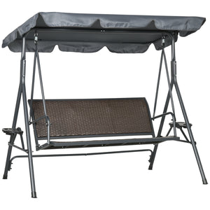 3-Seat Patio Swing Chair, Outdoor Canopy Swing Glider with Adjustable Shade, Rattan Seat and Steel Frame, for Porch, Garden, Poolside, Dark Grey