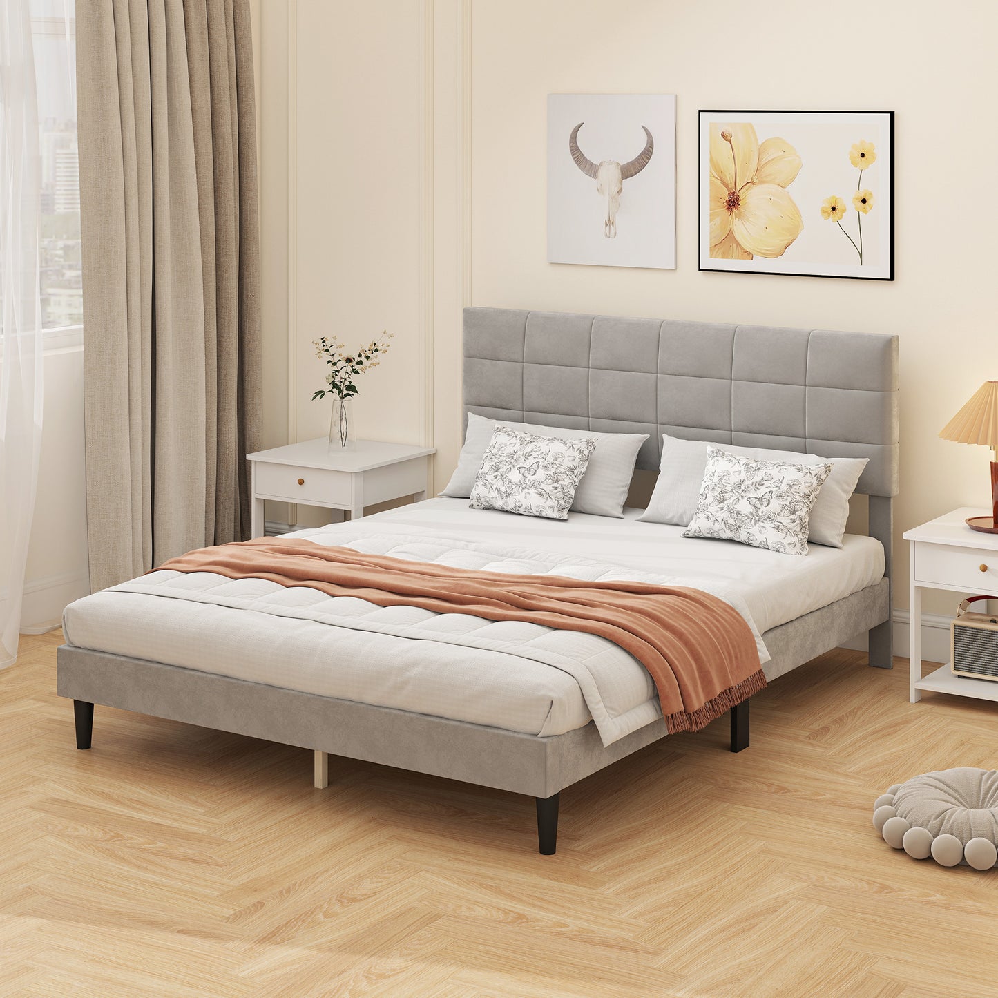Base de lit Queen Size avec tête de lit rembourrée, gris