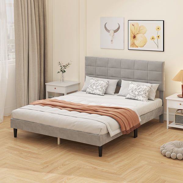 Base de lit Queen Size avec tête de lit rembourrée, gris