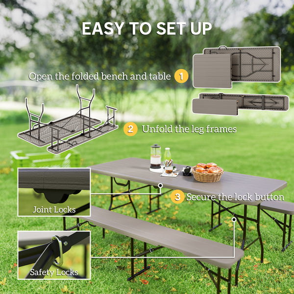 Ensemble table et bancs de camping pliants avec poignées de transport, marron