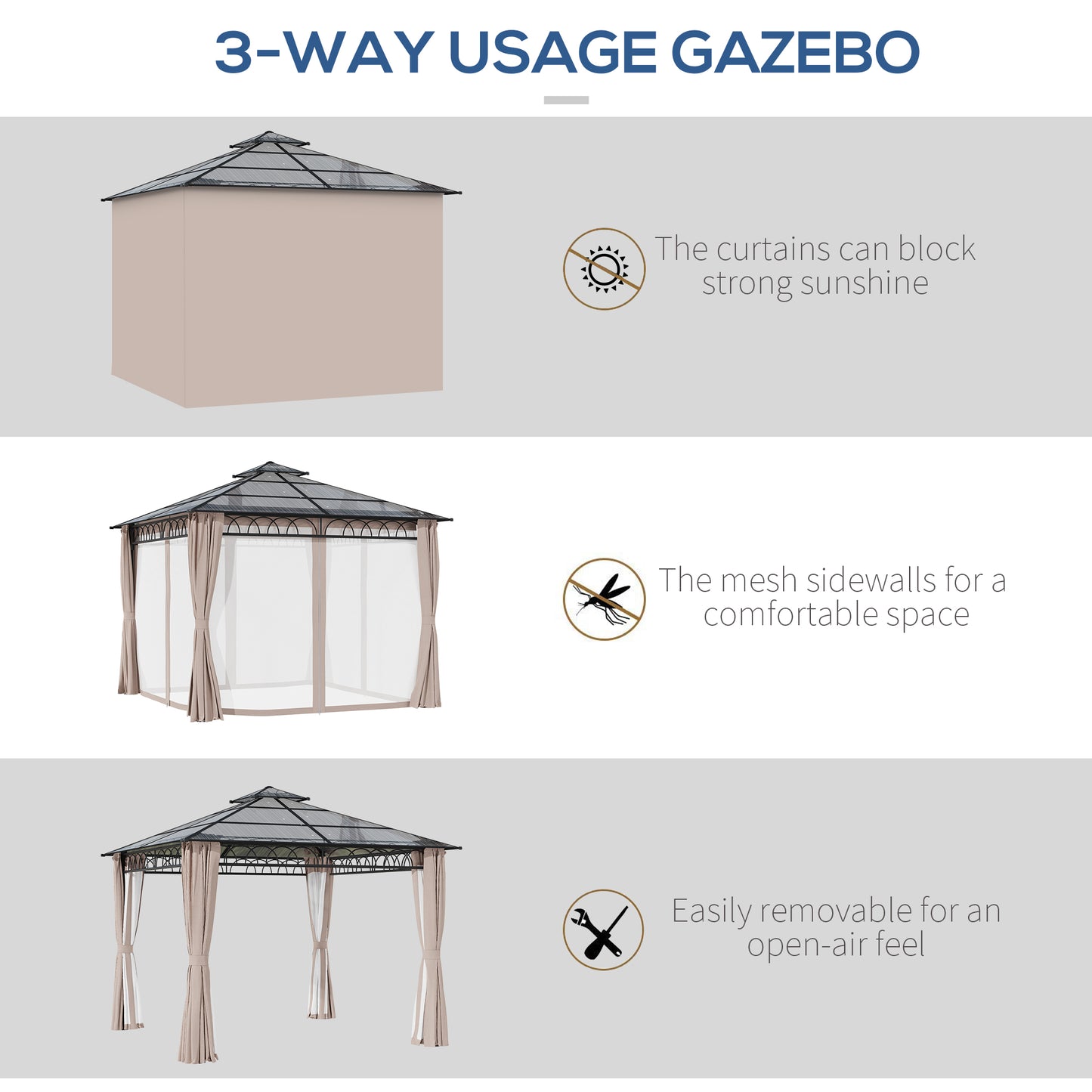 Outsunny 9' x 10' Outdoor Gazebo with Double PC Hardtop, Steel Frame, Netting &amp; Curtains for Garden Patio, Khaki