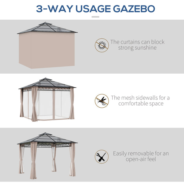 Gazebo 9' x 10' avec toit rigide double PC, structure en acier, filets et rideaux pour terrasse de jardin, kaki