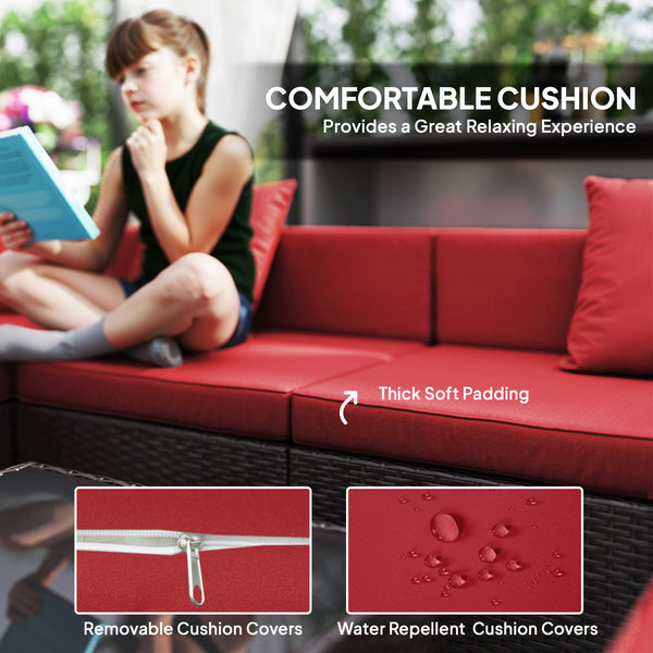 Ensemble de sectionnel 7 pièces en osier pour patio, rouge vin