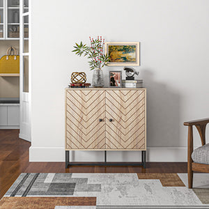 Modern sideboard with 2 herringbone doors and adjustable shelf, oak color