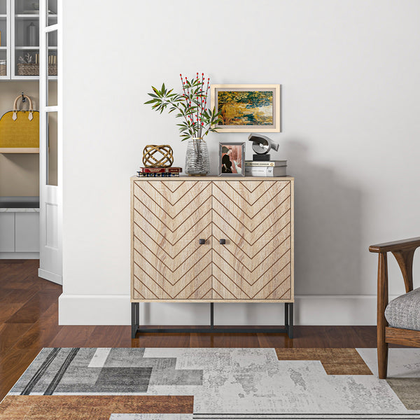 Modern sideboard with 2 herringbone doors and adjustable shelf, oak color