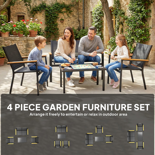 Ensemble de mobilier de jardin 4 pièces avec canapé et table basse en verre trempé, noir.
