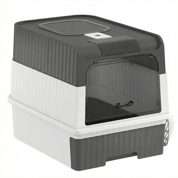 Cat Litter Box with Lid, Enclosed Kitty Litter Box with Pull-Out Drawer Tray, Scoop, 4 Deodorizing Bags, Gray