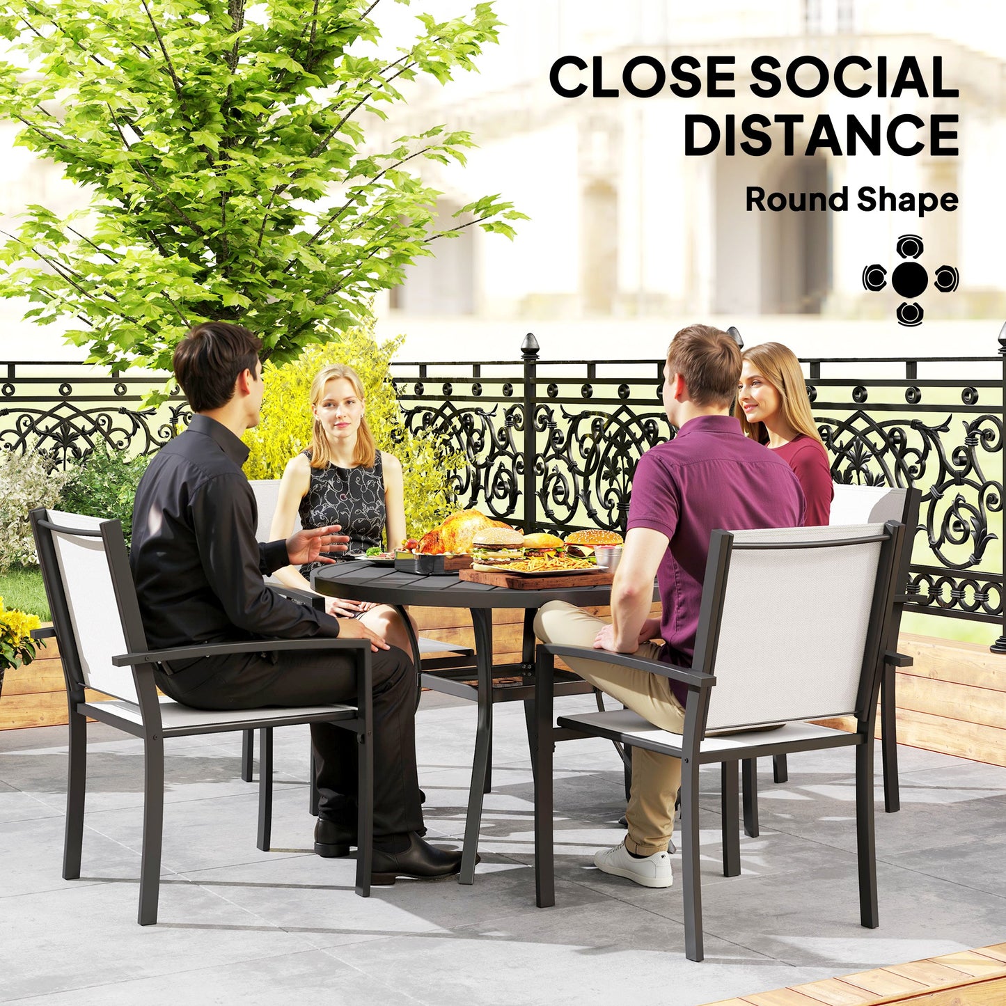 Outsunny 5 Piece Outdoor Dining Set with Round Table and 4 Stackable Chairs, for Garden, Lawn, Patio, Balcony and Poolside