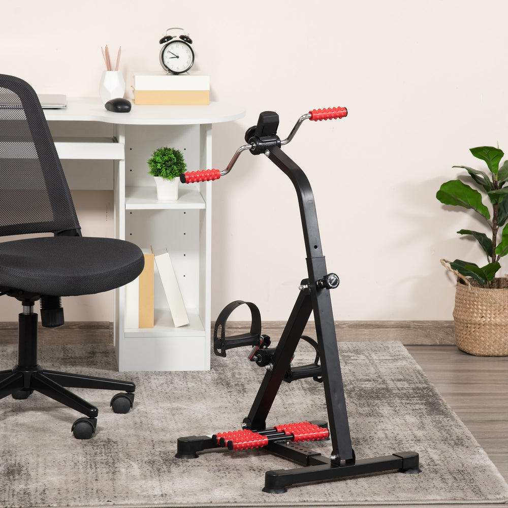 Pedal exerciser with LCD screen and massage roller for people with reduced mobility