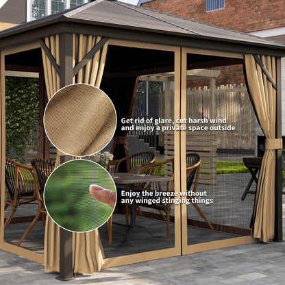 Gazebo 10' x 10' à toit rigide en aluminium avec moustiquaire, rideaux et crochet de suspension, marron