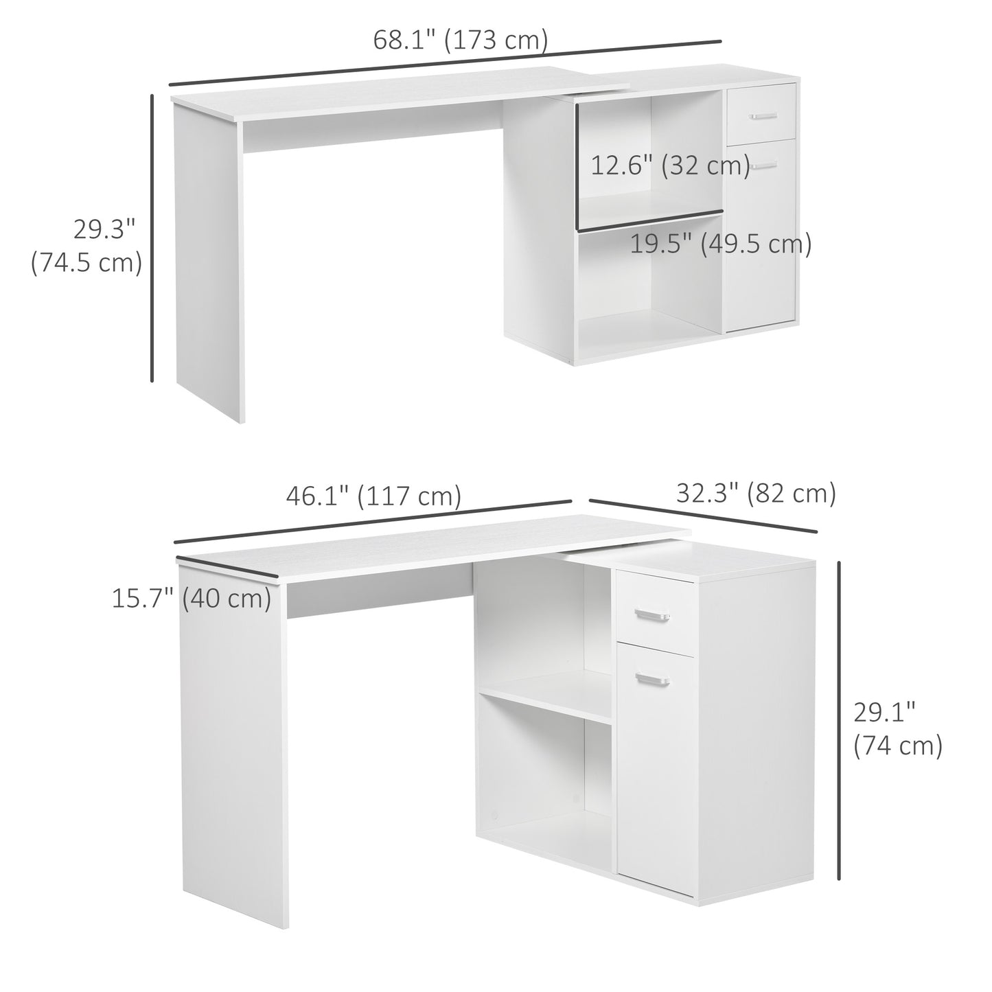 Bureau d'angle pivotant à 180° avec étagère de rangement, blanc
