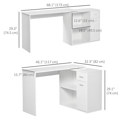 Bureau d'angle pivotant à 180° avec étagère de rangement, blanc