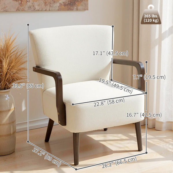 Fauteuil d'appoint avec pieds en bois, rembourrage épais, blanc crème