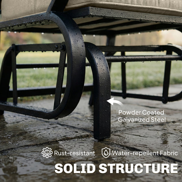 Fauteuil à bascule avec coussins, structure en acier, accoudoirs incurvés, beige
