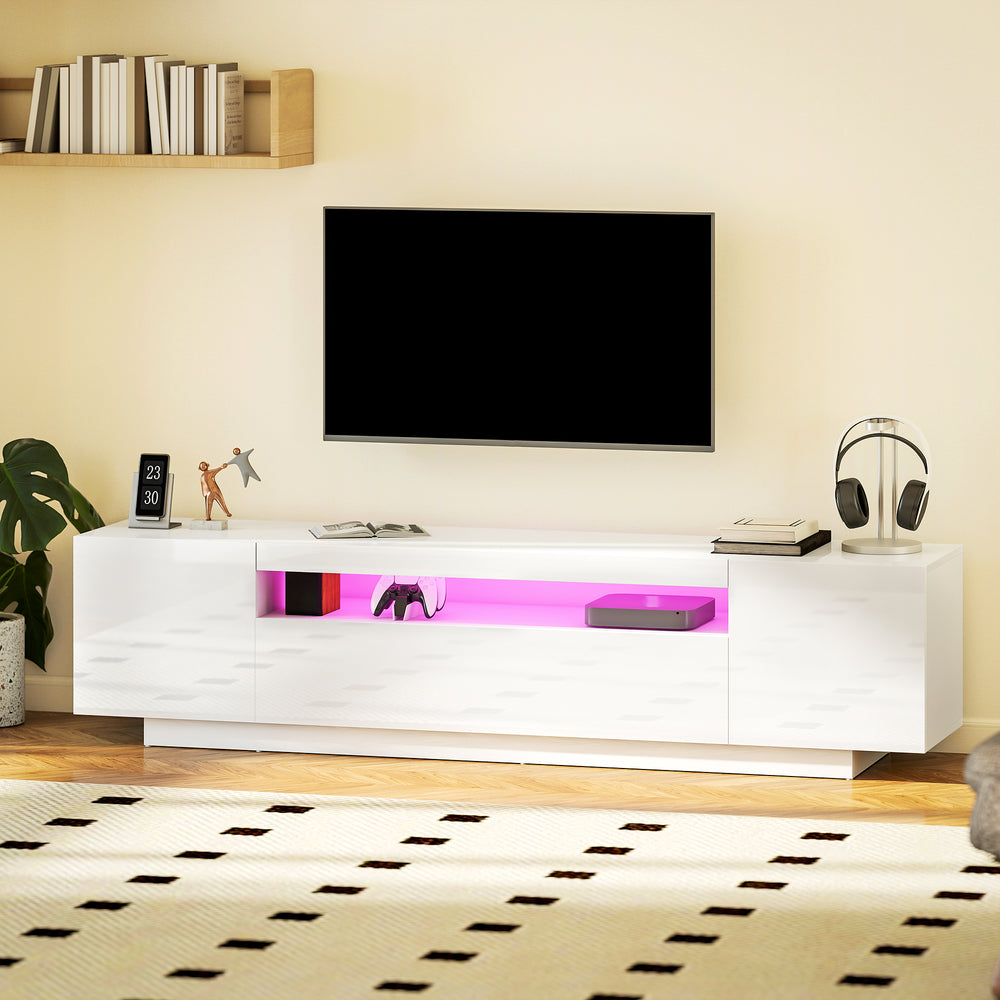 Meuble TV avec éclairage LED RVB pour téléviseur de 65 à 85 pouces, blanc brillant