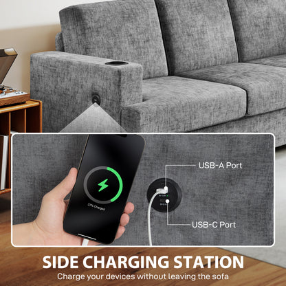 Canapé 3 places avec ports USB et porte-gobelets, gris