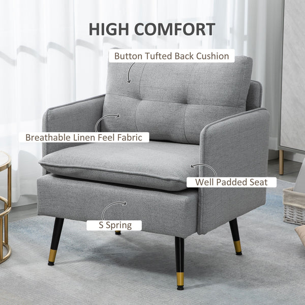 Fauteuil d'appoint moderne rembourré avec dossier capitonné et pieds en acier, gris