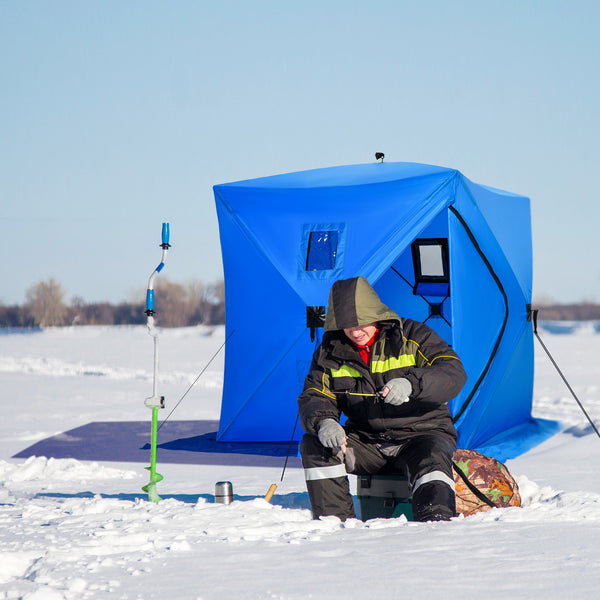 Ice fishing shelter for 2 people, foldable and collapsible, with carry bag, blue