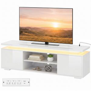 Meuble pour téléviseurs jusqu'à 60 pouces avec éclairage LED et prises électriques, blanc brillant