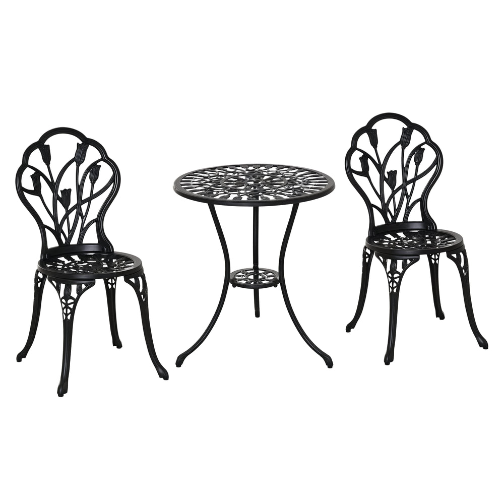 3PCs Patio Bistro Set, Outdoor Cast Aluminum Garden Table and Chairs with Umbrella Hole for Balcony, Black