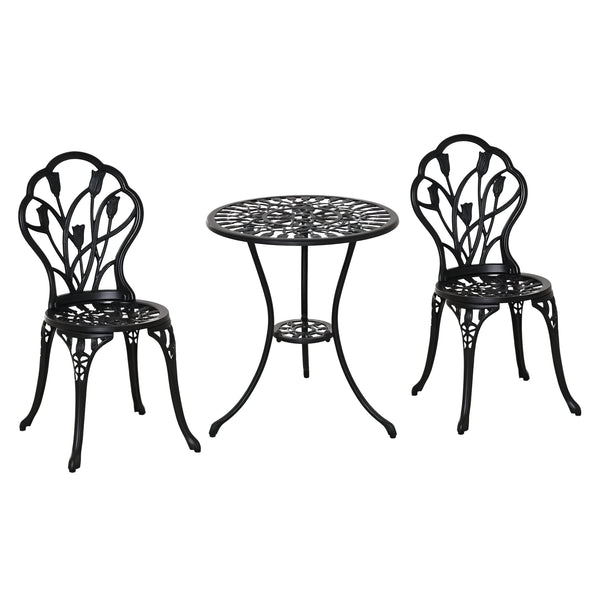 3PCs Patio Bistro Set, Outdoor Cast Aluminum Garden Table and Chairs with Umbrella Hole for Balcony, Black