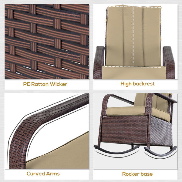 Fauteuil à bascule d'extérieur en rotin PE avec coussin et repose-pieds