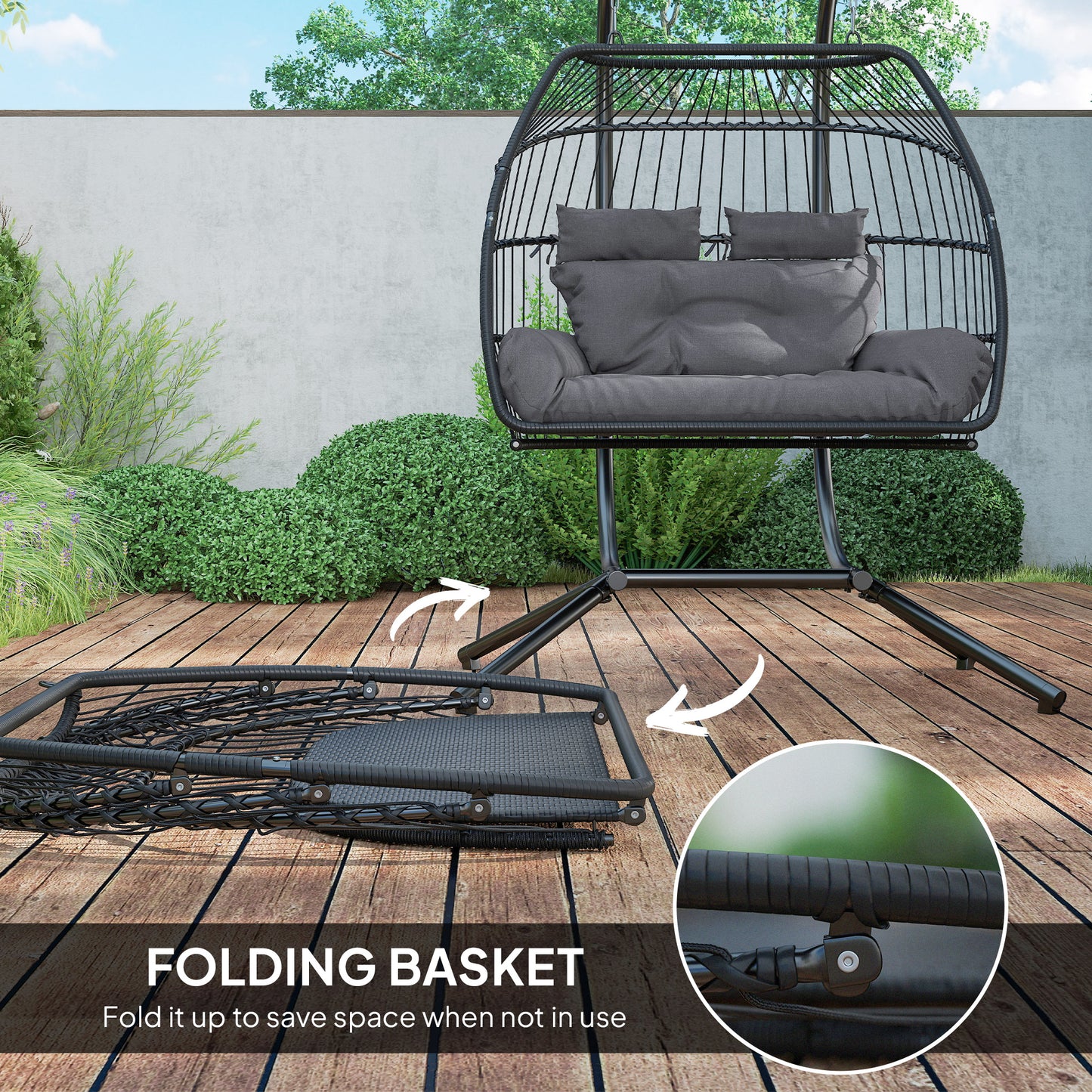 Outsunny Balancelle double en osier avec support, pliable et suspendue, coussin résistant aux UV, appui-tête, gris foncé