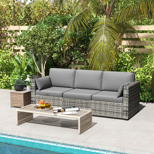 Outsunny 3 Seater Outdoor Sofa with Cushions, Synthetic Rattan Garden Sofa with Cushions, Ideal for Garden and Poolside, Grey