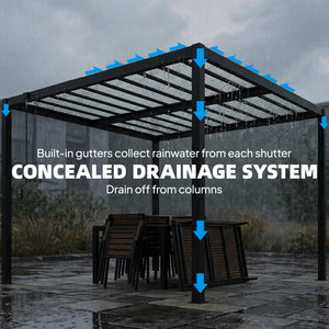 9.5 x 10 ft adjustable louvered pergola with polycarbonate roof, drainage gutters, handle, clear