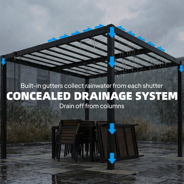 9.5 x 10 ft adjustable louvered pergola with polycarbonate roof, drainage gutters, handle, clear