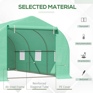 Serre tunnel de jardin avec porte enroulable et 6 fenêtres grillagées, structure en acier, verte