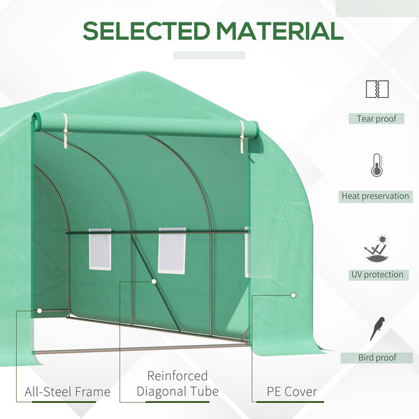 Serre tunnel de jardin avec porte enroulable et 6 fenêtres grillagées, structure en acier, verte