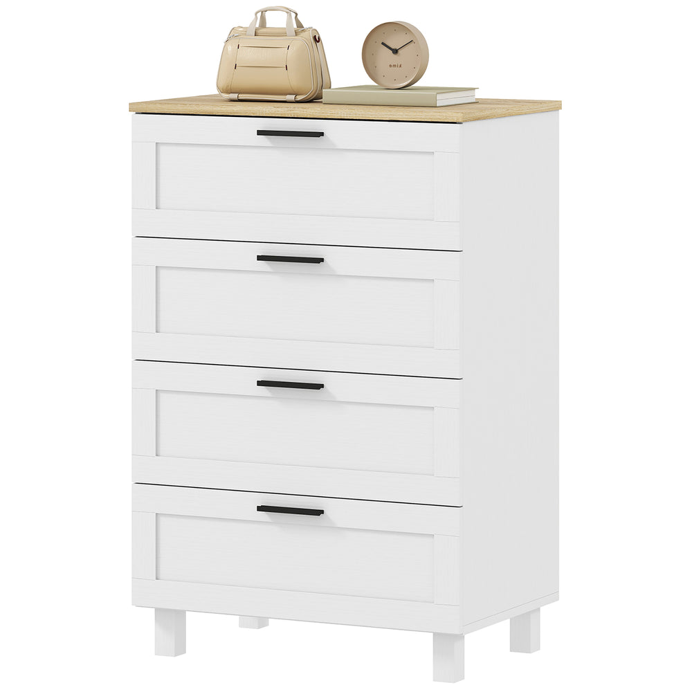 Commode à 4 tiroirs pour chambre avec pieds en bois massif, Couleur : blanc.