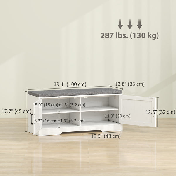 Banc d’entrée avec rangement pour chaussures, tablettes ajustables et coussin – Blanc et gris