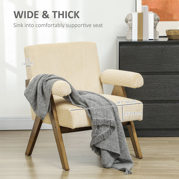 Fauteuil d'appoint en velours côtelé avec assise large et accoudoirs rembourrés, beige