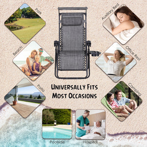 Lot de 2 chaises d'extérieur zéro gravité avec plateau latéral et porte-gobelet, chaise longue inclinable avec assise en tissu maillé respirant, oreiller, gris foncé